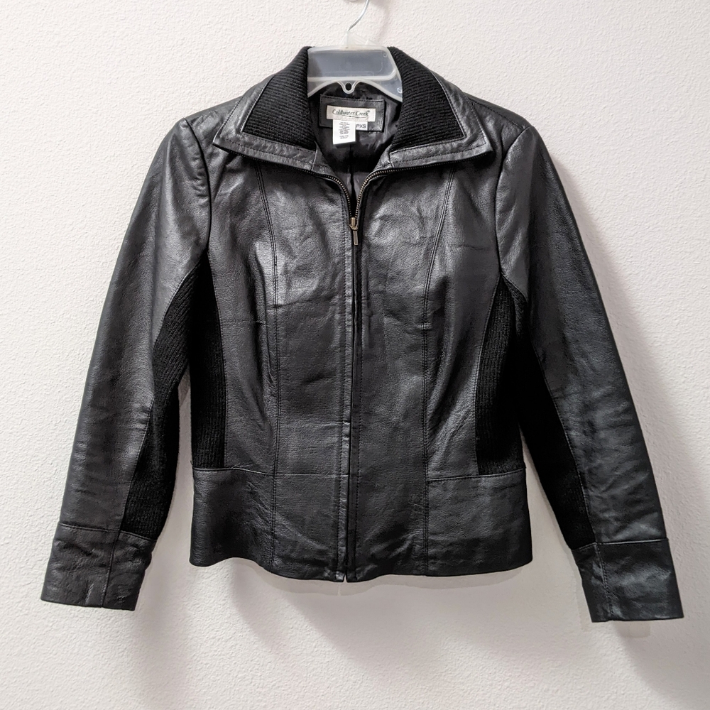 2000s Coldwater Creek black leather & rib knit zip jacket size Petite XS